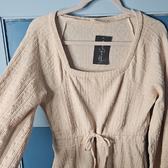 Listicle Cream Ribbed Tie Front Long Sleeve Dress - Picture 4 of 12